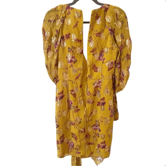 Flor et. al Cocktail Mini Dress Ruffle Floral Yellow Metallic Sz 4 - Picture 8 of 12